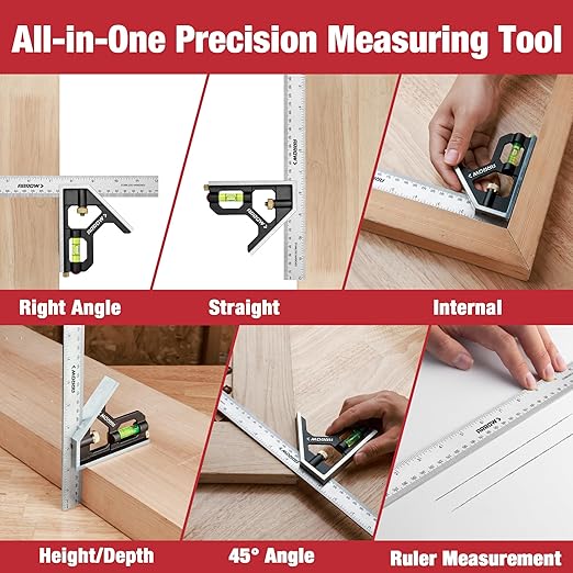 Arrow Combination Square, 12-Inch Combo Square with Stainless Steel Ruler, Zinc Alloy Body and Bubble Level for Carpenters and Craftsmen
