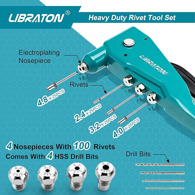 Libraton Heavy Duty Rivet Gun, Pop Rivet Gun Set, Professional Hand Riveter, Manual Riveting Tool with 110Pcs Rivets and 4 Interchangeable Heads, for Metal, Wood and Plastic