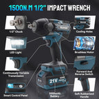 Cordless Impact Wrench 1/2 Inch, 1500 N.m/1106ft-lbs Brushless Impact Gun Compatible with Makita 18V Batteries, 5000 RPM High Torque Electric Power Impact Driver Set for Car Home (Blue)