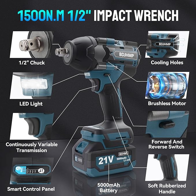 Cordless Impact Wrench 1/2 Inch, 1500 N.m/1106ft-lbs Brushless Impact Gun Compatible with Makita 18V Batteries, 5000 RPM High Torque Electric Power Impact Driver Set for Car Home (Blue)