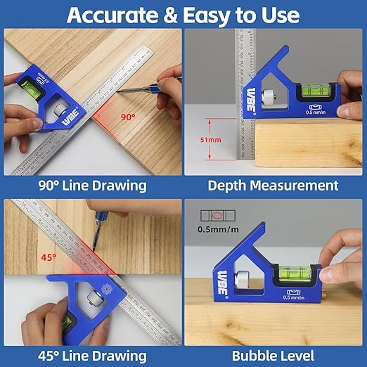 7inch Rafter Square and 12inch Combination Square Set -CNC-Machined Aluminum Alloy,Heavy Duty Carpenter Square for Woodworking and Home DIY