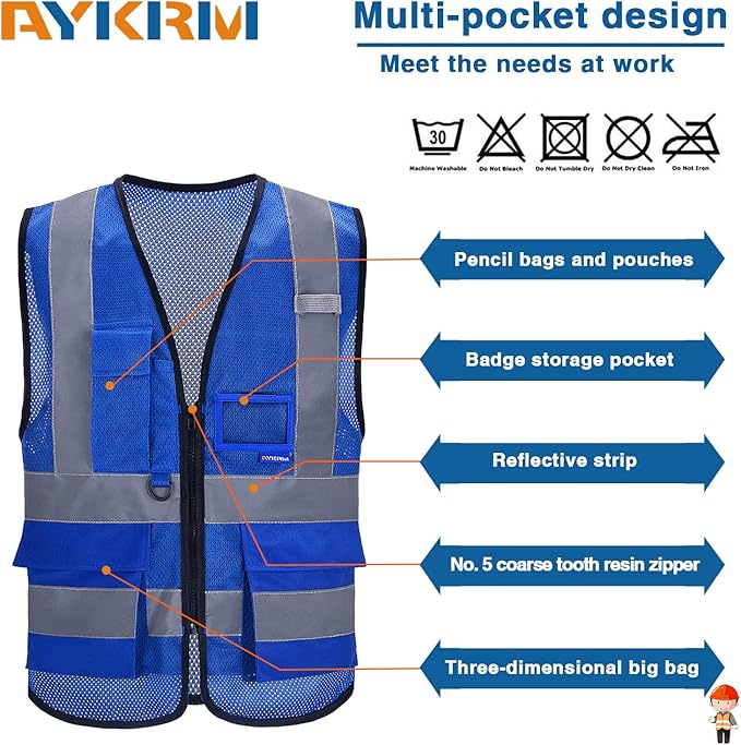 A-SAFETY XSmall Blue High Visibility Mesh Safety Reflective Vest with Pockets and Zipper,Hi Viz Work Vest for Men Women (Blue Mesh XS)