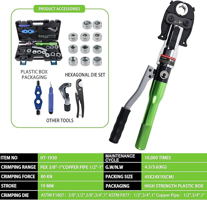 AMZCNC Pipe Press Tool with1/2,3/4,1" Dies for Copper Pipe and F877 Stainless PEX Press Sleeves,3/8",1/2",5/8",3/4",1" Dies for ASTM F1807 Pex Pipe Copper Ring Pipe Fittings Crimping Tool
