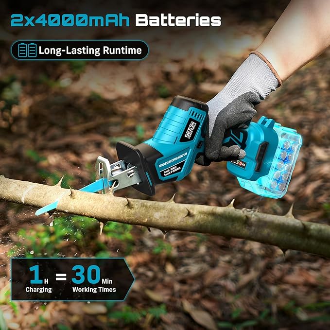 Seesii Reciprocating Saw Cordless, Variable Speed 3500 RPM Brushless Motor with 8 Saw Blades, 2 x 4.0Ah Batteries, LED Light, Tool‑Free Blade Change, Portable for Wood PVC Cutting