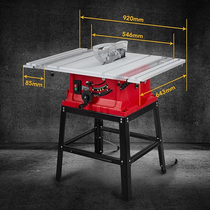 Table Saw, PioneerWorks 10inch 15A 5000RPM Portable Table Saw with Stand & Safety Switch, Push Stick, 90°Cross Cut & 0-45°Cutting, PIONEERWORKS Multifunctional Table Saw for Woodworking, DIY Working