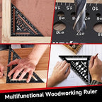 Carpenter Square 7 and 12 Inch Set, Aluminum Rafter Square Framing Suqare Double Scale Triangle Ruler, Protractor Measuring Hole for Woodworking and Carpentry Layout Tool Black with 2 Pencil