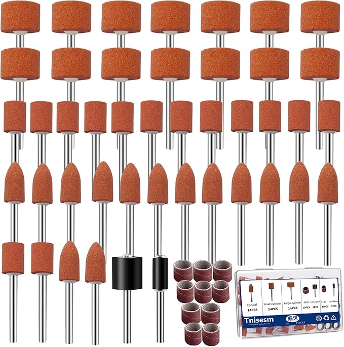 Tnisesm 64Pcs Sanding Bits & Sanding Drum Set for Dremel Rotary Tool with Box, Aluminium Oxide Tough Enough to Metal Rust Removal/Smoothing/Sharpening, Different Shape Meet More Needs