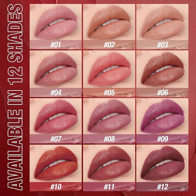 Jolilab 8 Pcs Velvet Matte Lipstick Nude Matte Soft Dark Color Stick Waterproof Long-Lasting Non-Stick Cup High Pigmented Lip Stick Lip Balm Beauty Cosmetics Gift for Girls（01-06+11+12
