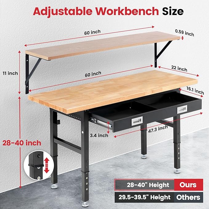 Work Bench for Garage with Shelf Bracket 60 x 22 Inch Heavy Duty Rubberwood Tabletop Work Table Adjustable Height Workbench with Drawer, Power Outlets for Woodworking Shop, Home, Office