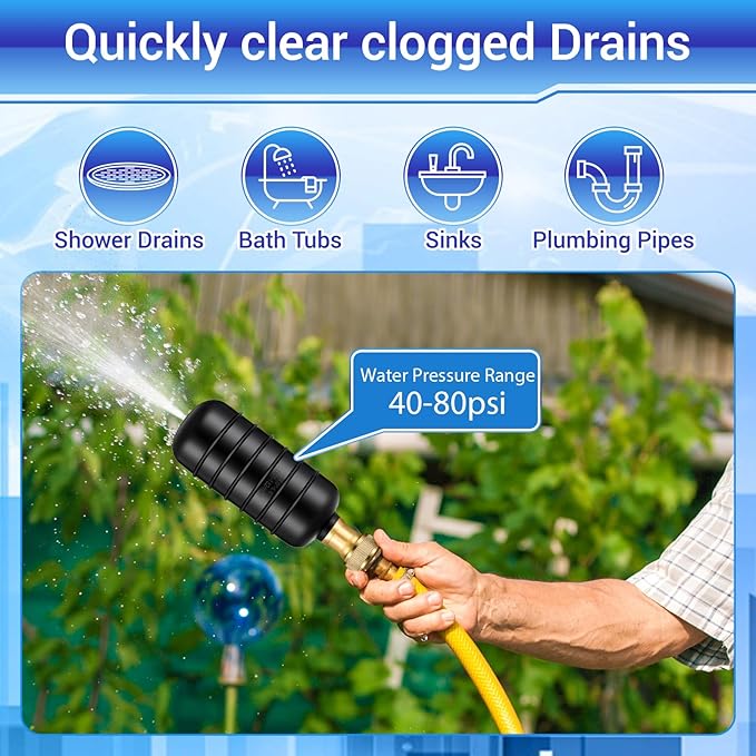 Drain Cleaning Bladder- Fits 1" to 2" Pipes, 3/4" Hose Thread Valve,Ideal for Sinks, Showers, Tubs & Sewer Lines, Rubber, Easy Daily Use, Cold Water Only (L:4" to 6")