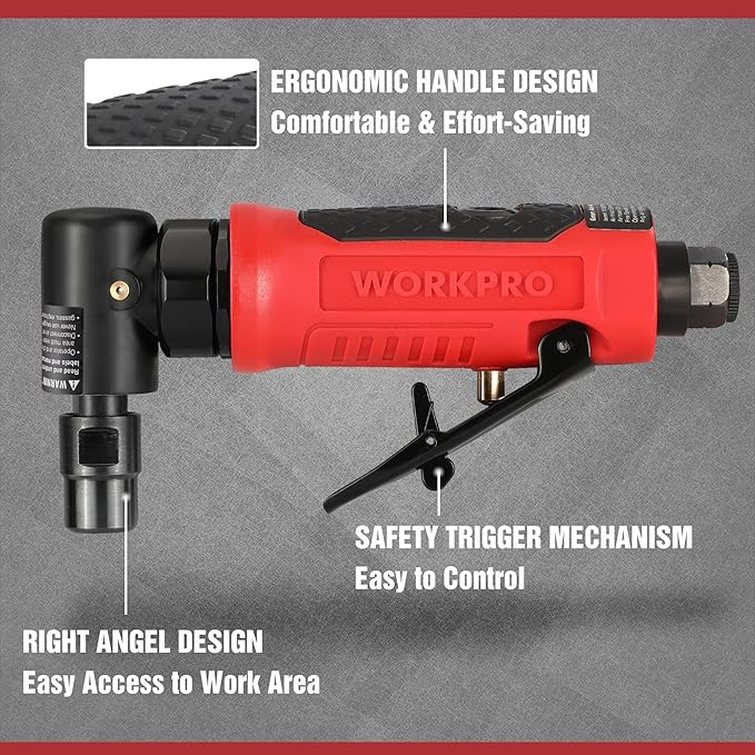 WORKPRO Air Angle Die Grinder, 1/4-Inch Pneumatic Right Angle Die Grinder, 20000RPM, Air-Powered 90 Degree for Grinding, Cutting, Polishing, Welding Repair, Deburring, 1/4" & 1/8" Collets Included