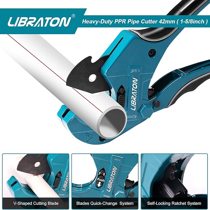 Libraton PVC Cutter 1-5/8", PVC Pipe Cutter, Ratcheting PVC Cutter with Replacement Blade, Plastic Pipe Cutter, ABS Cutter for PVC, PEX PPR Plastic Pipes, Hoses and Plumbing Pipes