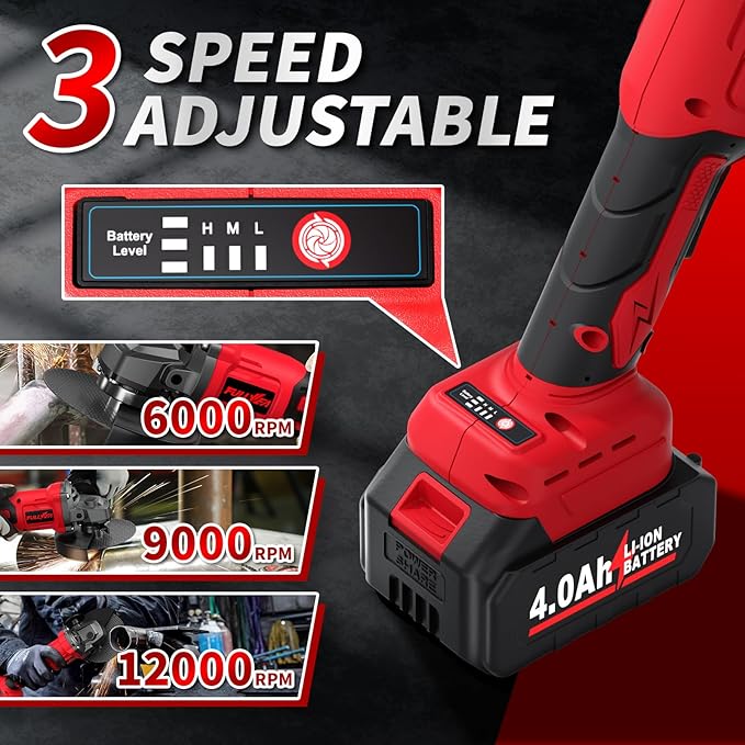 Cordless Angle Grinder 4-1/2", Brushless Metal Grinder 12000 RPM, Power Angle Grinder with 2 * 4.0Ah Batteries & 3 Cutting Wheels, Electric Grinder Tool Kit for Cutting, Grinding