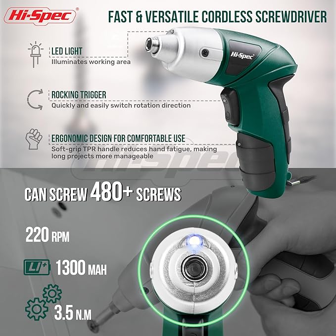 Hi-Spec 19pc 3.6V Green USB Small Power Screwdriver & Home DIY Tool Kit Set. Cordless & Rechargeable Electric Screwdriver and Compact Hand Tool Box Set