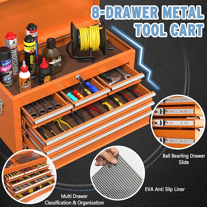 8 Drawer High Capacity Rolling Tool Chest, Metal Tool Box with Wheels and Drawers, Detachable Toolbox with Lock, Heavy Duty Tool Cabinet for Workshop, Warehouse and Garage (Orange)