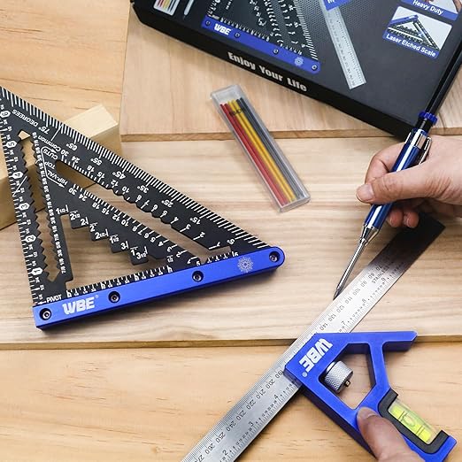 7inch Rafter Square and 12inch Combination Square Set -CNC-Machined Aluminum Alloy,Heavy Duty Carpenter Square for Woodworking and Home DIY