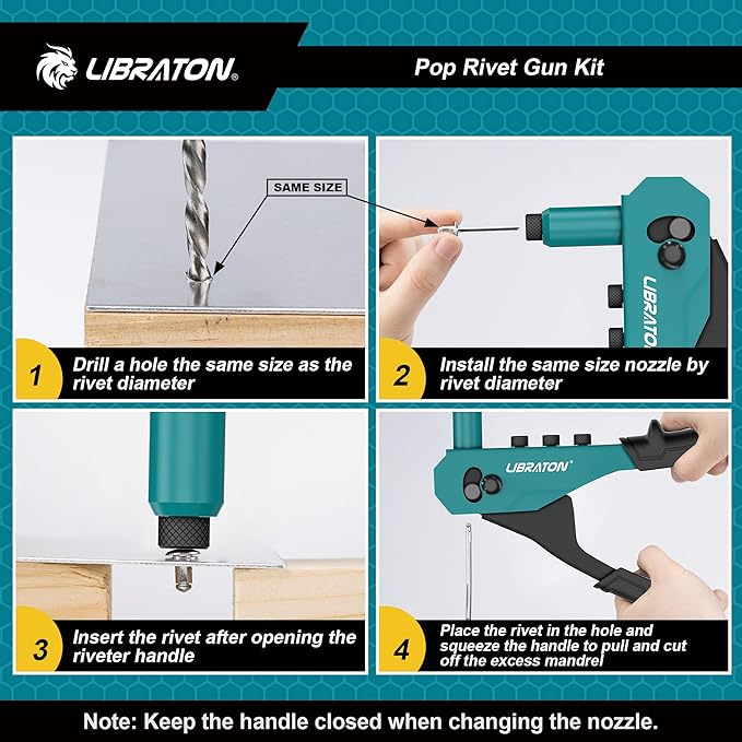 Libraton Rivet Gun Kit, Pop Rivet Gun, Heavy Duty Rivet Tool, Professional Hand Riveter, Manual Riveting Tool with 120 Blind Rivets, 4 HSS Drill Bits, 4 Tool-free Interchangeable Heads