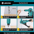 Libraton Rivet Gun Kit, Pop Rivet Gun, Heavy Duty Rivet Tool, Professional Hand Riveter, Manual Riveting Tool with 120 Blind Rivets, 4 HSS Drill Bits, 4 Tool-free Interchangeable Heads