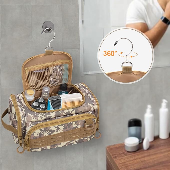 Tactical Toiletry Bag for Men, Hanging Hygiene Bag, Travel Dopp Kit Organizer for Shaving, Shower Essentials and Toiletries, Desert Yellow (Empty Bag)