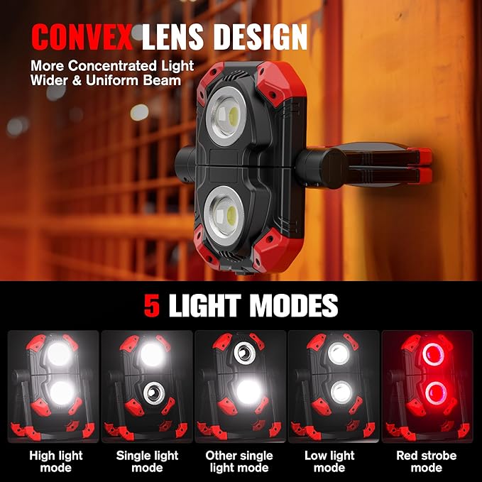 Adelante 2Pack Rechargeable LED Work Light with Magnetic Bases, 2500LM 6500K 12 Hours Long Lasting, Mobile Charger, 360°Rotating Stand Waterproof USB Portable Flood Light for Mechanics, Repairing