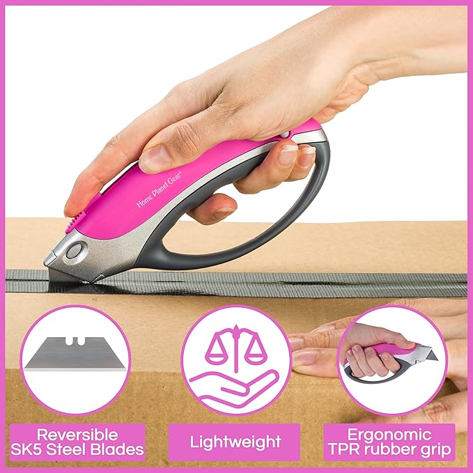Pink Box Cutter Retractable Utility Knife - Heavy Duty Box Cutter Knife Cardboard Cutter - Box Opener Razor Blades Knife with 5 Sharp Utility Blades
