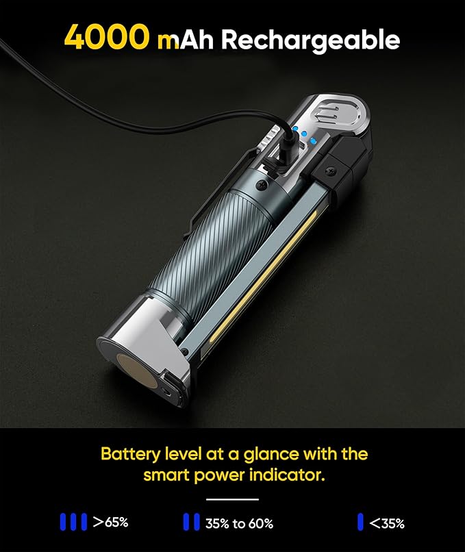 Magnetic Work Light - 4000mAh Rechargeable Work Light with Hook Design, 1200 Lumens Mechanic Light, 3 Lighting Modes Magnetic Flashlight for Repairing、Emergency