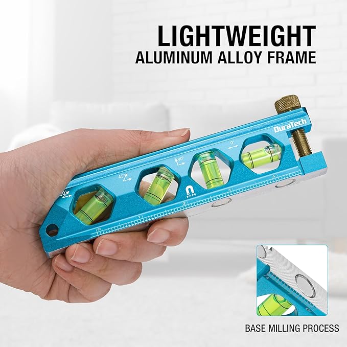 DURATECH 6.25-Inch Level, Magnetic Torpedo Level with 0°/30°/45°/90° Bubbles, V-Groove, Large Viewing Window, Aluminum Alloy Body, Hanging Hole, SAE and Metric Scale for DIY Projects and Household Use