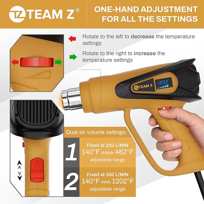 TEAM Z 1800W Premium Heat Gun kit 140°F~1202°F - Heavy Duty Heat Shrink Gun with Single Handed Operation, LCD Display Hot Air Gun with Case, Overload Protection with 6 Nozzles for Crafts