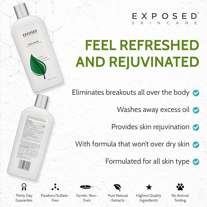 Exposed Skin Care Body Wash - Back and Body Acne Wash with Salicylic Acid and Tea Tree Oil – Exfoliating Bacne Treatment for Clearer, Healthier Skin – Body Cleanser for All Skin Types (12 fl oz)-VeraVaultWomen