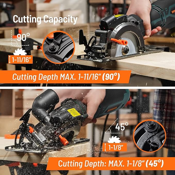 Circular Saw, 5.8A 4-1/2" Circular Saw w/Laser, Metal Auxiliary Handle, 6 Blades (4½", 4¾"), Cutting Depth 1-11/16" (90°), 1-3/8" (45°), Ideal for Wood, Soft Metal, Plastic, Tile - MCS01A