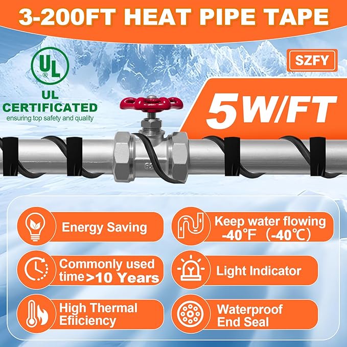 140FT Heat Tape for Water Pipes, -40°F Deicing Cable,Pipe Heating Cables for Roof,Gutter，Farm，Freeze Protetion Heat Trace Cable, Heated Water Hose,Plumbing Fixtures,120V 5W/FT