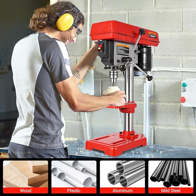 8" Benchtop Drill Press, Laser Ray (Class II Max. 1mW), Tabletop Drilling Machine with 5 Adjustable Speeds (620 to 3100 RPM), 0-45°Tilting Worktable with LED Light (1W), for Wood or Metal
