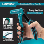 Libraton One-Handed Rivet Gun, Pop Rivet Gun Set, Professional Hand Riveter, Manual Riveting Tool with 200 Rivets for Metal, Includes 4 Drill Bits, 4 Tool-Free Interchangeable Heads, Storage Case