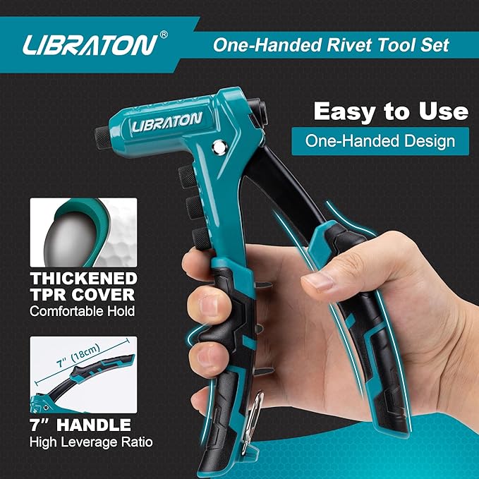 Libraton One-Handed Rivet Gun, Pop Rivet Gun Set, Professional Hand Riveter, Manual Riveting Tool with 200 Rivets for Metal, Includes 4 Drill Bits, 4 Tool-Free Interchangeable Heads, Storage Case