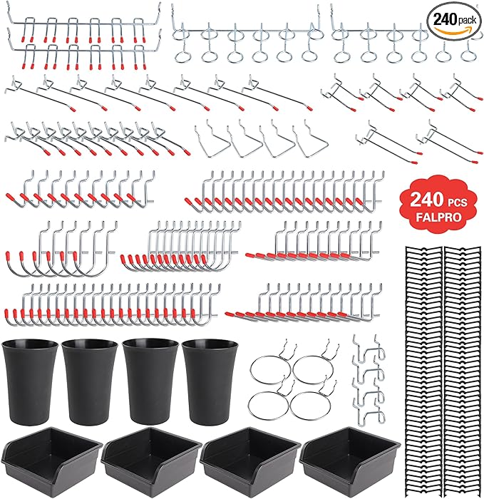 240PCS Pegboard Hooks Assortment, Pegboard Organizer Kit with Bins, Cups, 1/8 and 1/4 inch Hooks for Hanging Tools, Garage Wall Organization