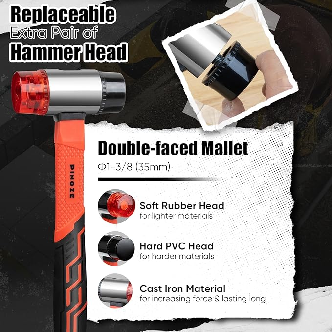 2-Piece Rubber Mallet Hammer Set, 16oz Rubber Hammer & 35mm Double-Faced Soft Mallet with 2pcs Relaceable Heads, Fiberglass Shockproof Cushioned Grip, Damage-Free to Floor, Tile, Crafts