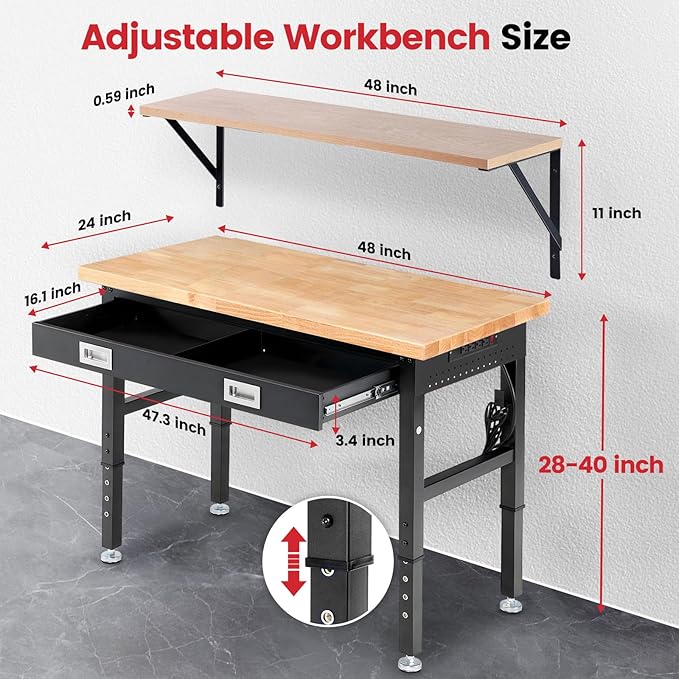 Workbench with Shelf Bracket 48 Inch Adjustable Height Work Bench for Garage Heavy Duty Rubberwood Tabletop Work Table with Drawer, Power Outlets for Woodworking, Home, Office, Workshop