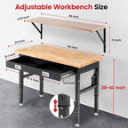 Workbench with Shelf Bracket 48 Inch Adjustable Height Work Bench for Garage Heavy Duty Rubberwood Tabletop Work Table with Drawer, Power Outlets for Woodworking, Home, Office, Workshop