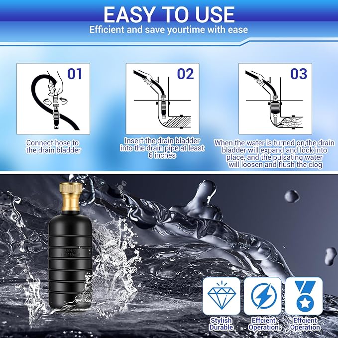 Drain Cleaning Bladder- Fits 1" to 2" Pipes, 3/4" Hose Thread Valve,Ideal for Sinks, Showers, Tubs & Sewer Lines, Rubber, Easy Daily Use, Cold Water Only (L:4" to 6")