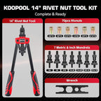 14" Rivet Nut Tool Kit, Heavy-Duty Rivnut/Nutsert Tool with 7 Mandrels (M6, M8, M10, 1/4"-20×2, 5/16"-18, 3/8"-16) & 70 Rivet Nuts, Rugged Rivnut Tool Kit with Carrying Case (14" Rivet Nut Tool Kit)