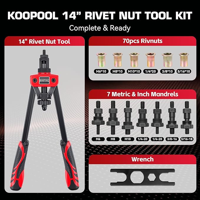 14" Rivet Nut Tool Kit, Heavy-Duty Rivnut/Nutsert Tool with 7 Mandrels (M6, M8, M10, 1/4"-20×2, 5/16"-18, 3/8"-16) & 70 Rivet Nuts, Rugged Rivnut Tool Kit with Carrying Case (14" Rivet Nut Tool Kit)