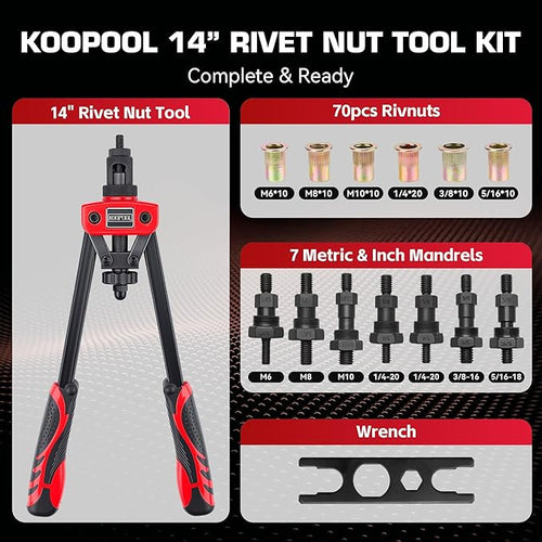 14" Rivet Nut Tool Kit, Heavy-Duty Rivnut/Nutsert Tool with 7 Mandrels (M6, M8, M10, 1/4"-20×2, 5/16"-18, 3/8"-16) & 70 Rivet Nuts, Rugged Rivnut Tool Kit with Carrying Case (14" Rivet Nut Tool Kit)