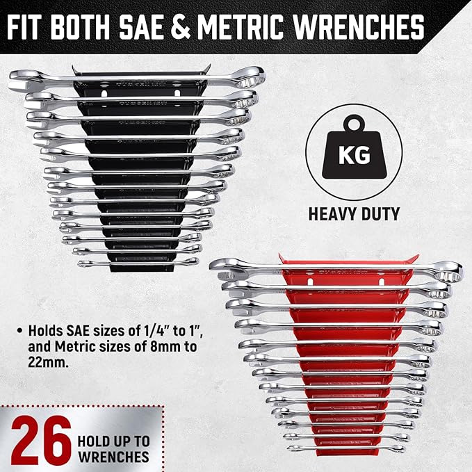 ALOANES 52-Slot Metal Wrench Organizer, Heavy Duty Hanging Wrench Organizer Tray for Tool Box&Wall, Fit SAE & Metric Wrench Storage, 4 Pack Wrench Holders (Red&Black)