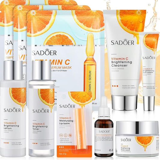 10 Pcs Skin Care Sets Face Care Set for Women Includes 1 Pcs Cleanser, Toner, Lotion, Eye Cream, Serum, Face Cream, Lip Balm and 3 Facial Masks Skincare Gift for Girls (Vitamin C)-VeraVaultWomen