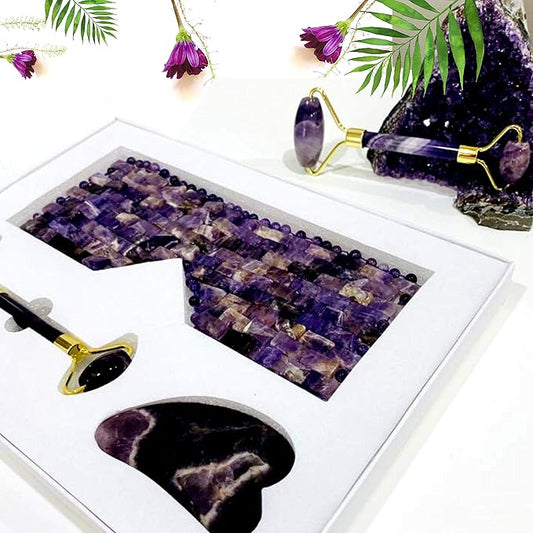 100% Authentic Amethyst Mother's day Gift Set Amethyst Eye Mask Amethyst Jade Roller & Gua Sha Set Facial Mask Instant Puffiness promote relaxation and relief stress.-VeraVaultWomen