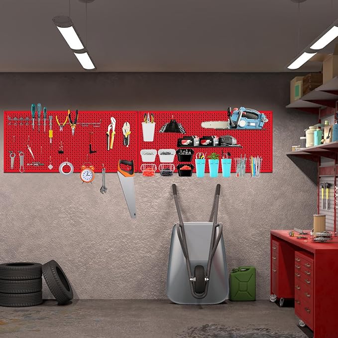 Pegboard Rack Garage Storage Steel Horizontal PegBoard Pack,Steel Pegboard Heavy Duty- 3 Pack 16-Inch X 36-Inch Metal Peg Board Tool Organization Panels (Red)