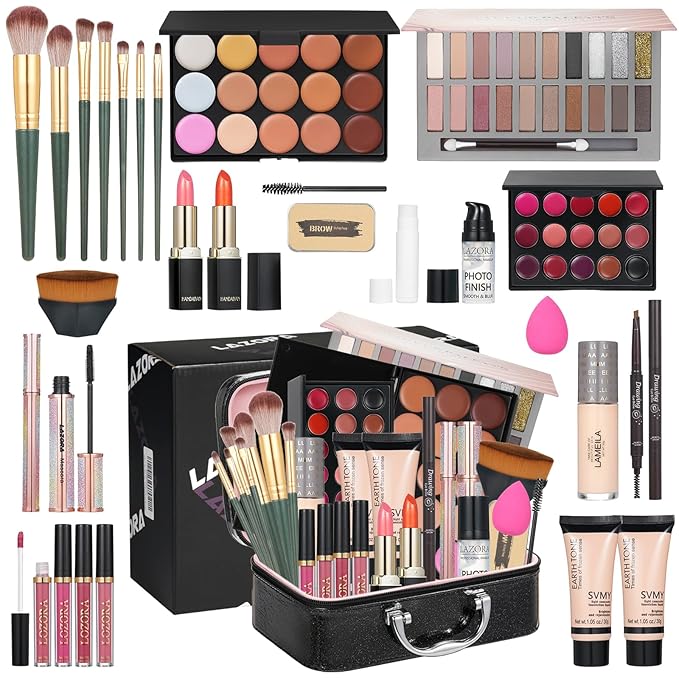 Makeup Kit Full Multi-Purpose Beauty Set Festive Gift Box - Highly Pigmented Palette Combination Lips Facial Brows Eye Makeup Brush for Essential Starter - Full Makeup Kit for Women-VeraVaultWomen