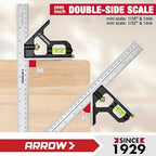 Arrow Combination Square, 12-Inch Combo Square with Stainless Steel Ruler, Zinc Alloy Body and Bubble Level for Carpenters and Craftsmen