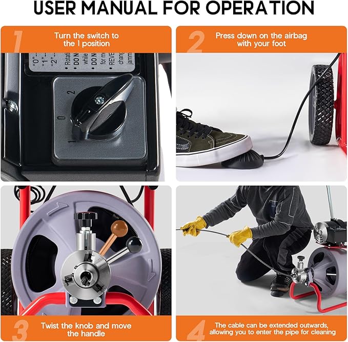 Albott 100 FT x 3/8 inch Electric Drain Cleaner Machine with Auto-Feed & 9 Cutters, Sewer Snake Auger for 1–4 Inch Pipes, Foot Switch & Wheels, Ideal for Home & Commercial Use, Grey/Red