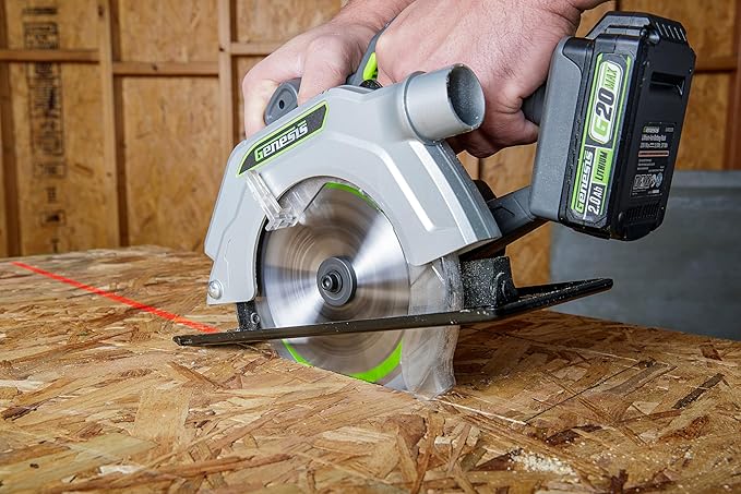 Genesis G20MAX 20V Cordless Circular Saw 6-1/2 inch with Laser & LED Light, Includes 24TCT thin-kerf blade, 2.0Ah Battery and Charger(GLCS2065B)